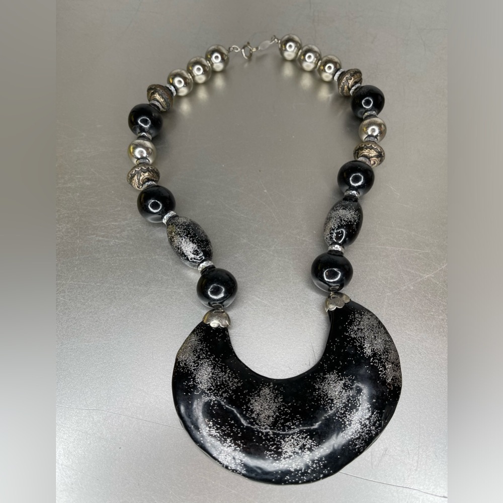 Arthur David Vintage Designer Necklace Chunky Statement Piece Silver Black